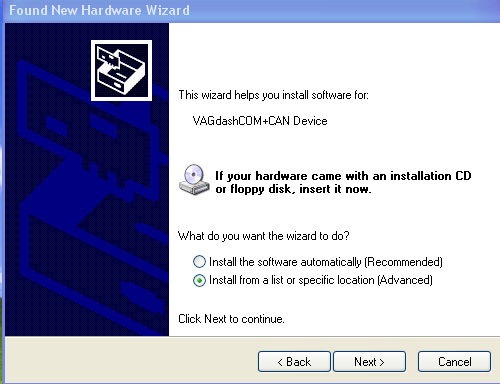 VAG DASH CAN Found New Hardware Wizard